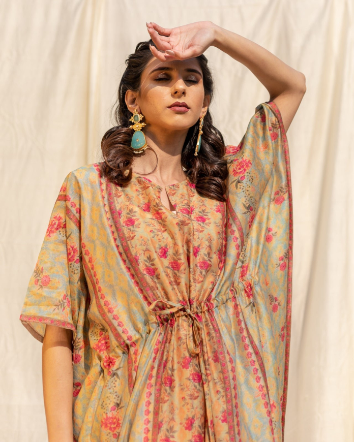 The Boozy Button Green Cotton Silk Long Kaftan