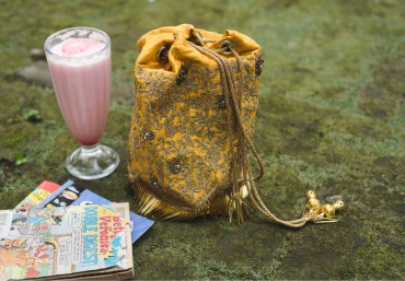 Deep Yellow Potli Handbag in Intricate Golden Dori Hand Embroidery Work