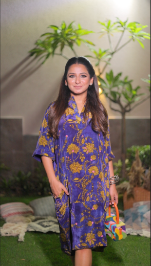 The Boozy Button Kalki Blue Cotton Silk Dress