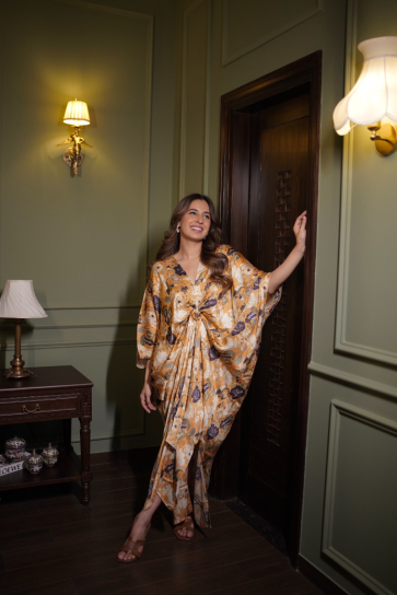The Boozy Button Ambre Nuit Brown Satin Silk Long Kaftan