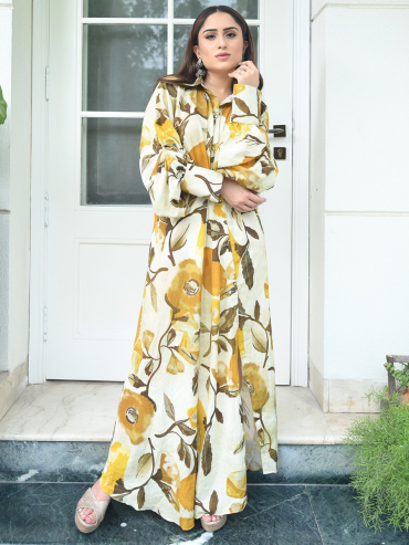 The Boozy Button Mango Long Asymmetrical Yellow Cotton Linen Drape Dress