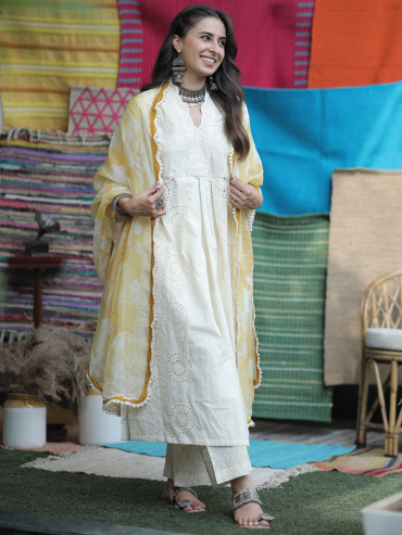 The Boozy Button Kudmayi Cutwork White Cotton Anarkali Dupatta Plazzo Co Ord Set Plus Size