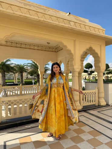 The Boozy Button Jaipur mustard yellow cotton silk anarkali dupatta set 