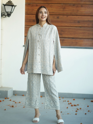 The Boozy Button Carina Cream Chikankari Cape Set