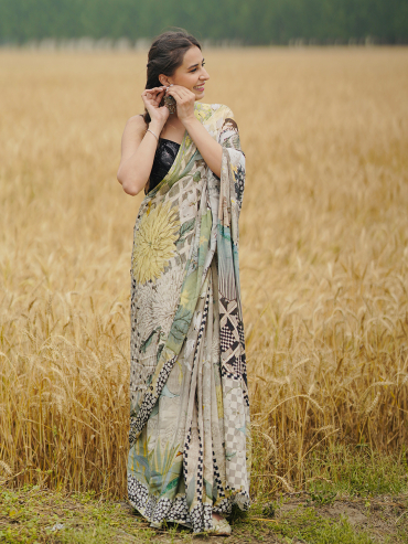 The Boozy Button Jaan E Jahan White Satin Silk Saree