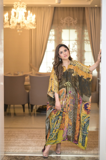 The Boozy Button Habibeh Olive Green Satin Silk Long Kaftan