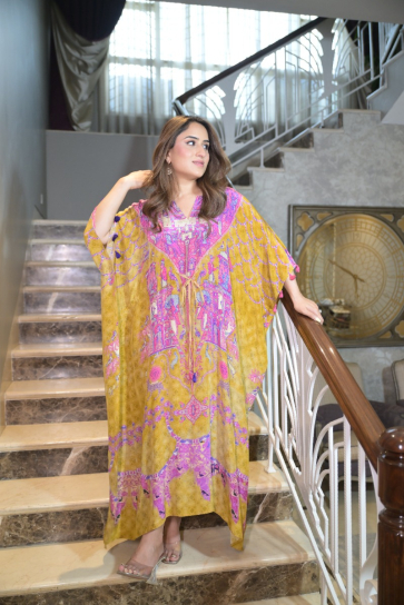 The Boozy Button Madiyan Yellow Satin Silk Long Kaftan