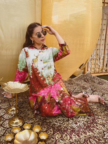 The Boozy Button Pink Linen Forest Linen Co-Ord Set Plus Size