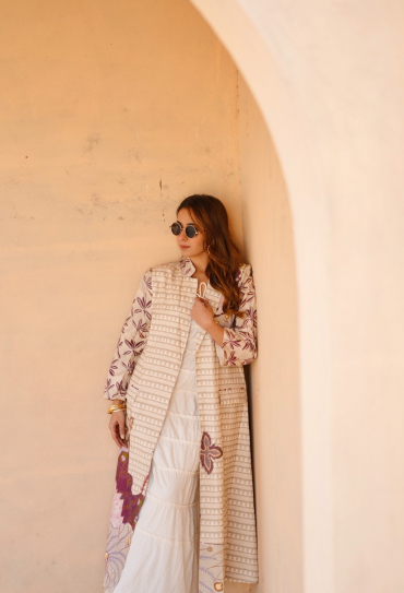 The Boozy Button Dynasty Cream Linen Long Blazer