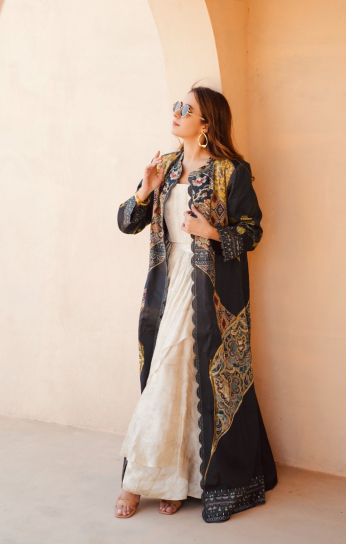 The Boozy Button Qila Black Silk Long Blazer And Drape Skirt Top