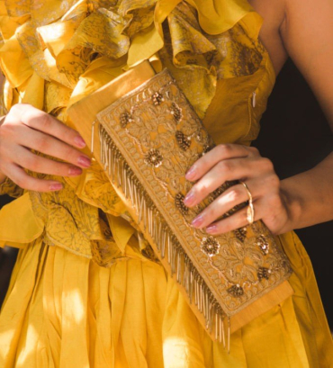 Deep Yellow Clutch Handbag with string Curated with Tassels & Pearls