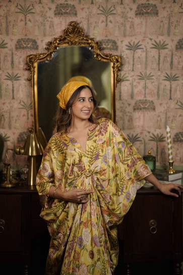 The Boozy Button Sakura Yellow Satin Silk Long Kaftan
