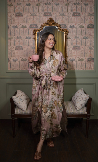 The Boozy Button Star Seed Pink Satin Silk Long Kaftan