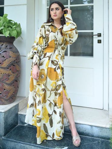 The Boozy Button Mango Long Asymmetrical Yellow Cotton Linen Drape Dress