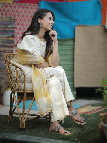 The Boozy Button Dhindora Baje Re White Cotton Cutwork Coord With Plazzo Co Ord Set Plus Size