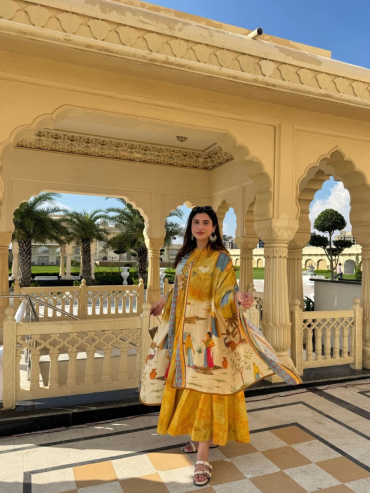 The Boozy Button Jaipur mustard yellow cotton silk anarkali dupatta set 