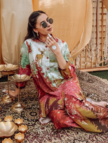 The Boozy Button Pink Linen Forest Linen Co-Ord Set