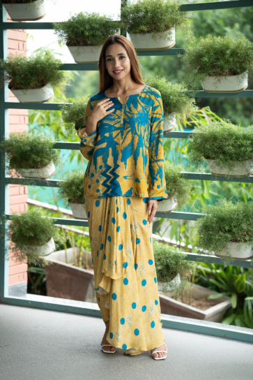 The Boozy Button Aabis Yellow Linen Dhoti Kurta Co Ord Set Plus Size