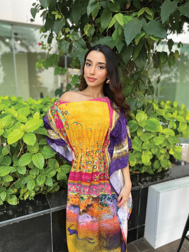 The Boozy Button Lovebird Yellow Linen Kaftan Plus Size