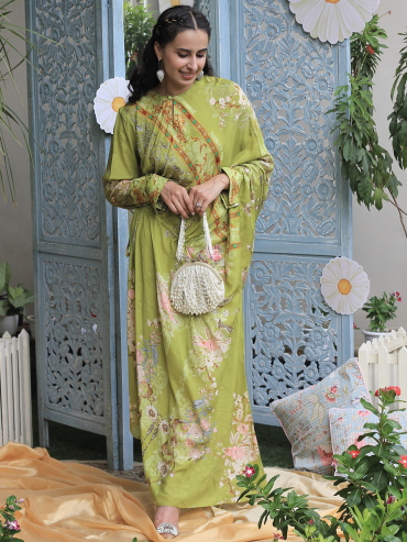The Boozy Button Bagh Drape Green Cotton Silk Festive Dress
