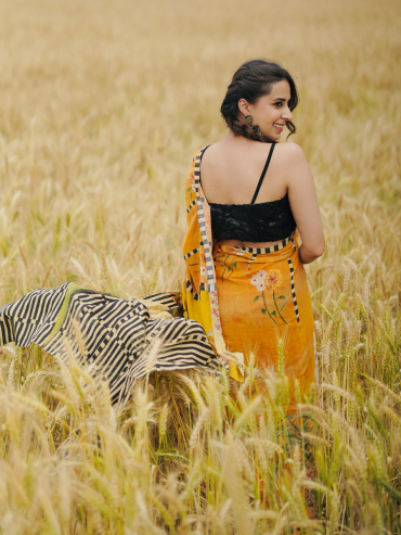 The Boozy Button Ban Ja Rani Yellow Satin Silk Saree