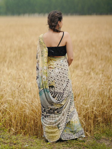 The Boozy Button Jaan E Jahan White Satin Silk Saree