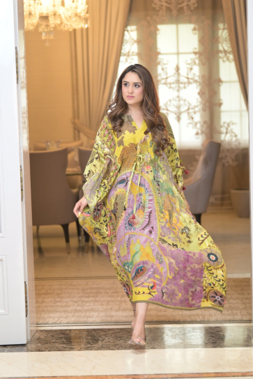 The Boozy Button Adel Yellow Satin Silk Long Kaftan