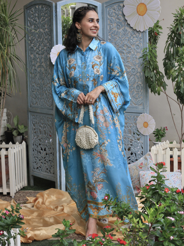 The Boozy Button Nargis Blue Cotton Silk Festive Dress