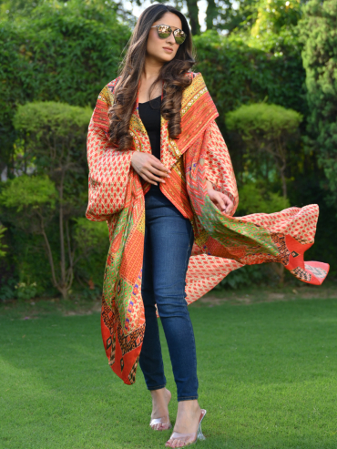 The Boozy Button Sunkissed Travel Orange Cotton Silk Travel Long Cape Co Ord Set