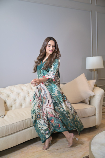 The Boozy Button Bahar Green Satin Silk Long Kaftan