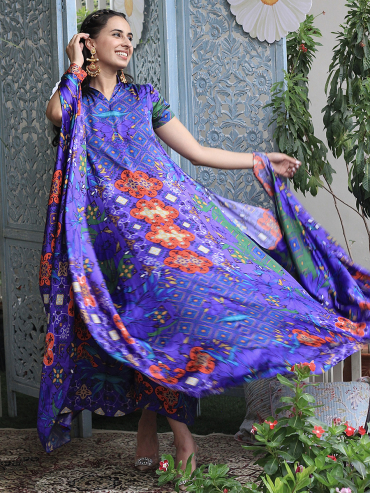 The Boozy Button Layla Stylised Blue Cotton Silk Festive Dress