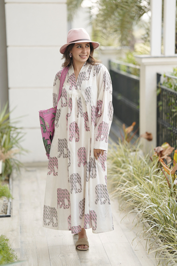The Boozy Button Imperial Elephant White Cotton Dress