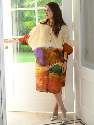 The Boozy Button Orange Sandalwood Linen Linen Dress