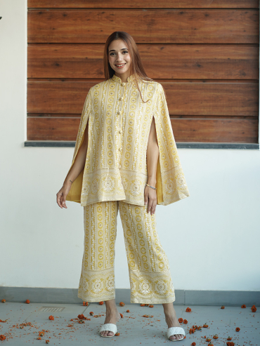 The Boozy Button Adhira Yellow Chikankari Cape Set