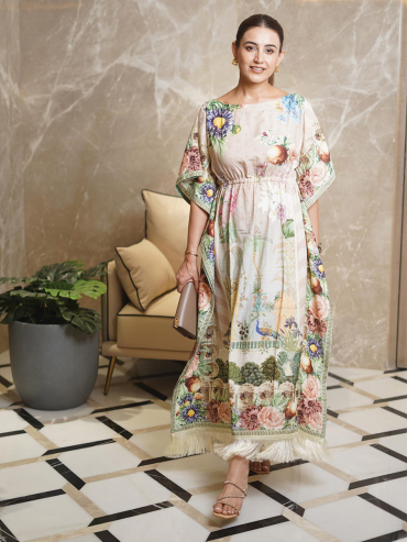 The Boozy Button Sabr Cream Linen Short Kaftan Plus Size
