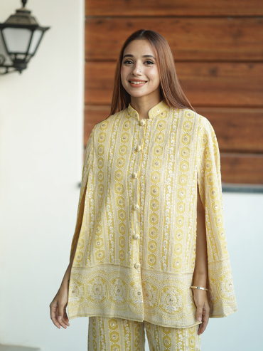 The Boozy Button Adhira Yellow Chikankari Cape Set
