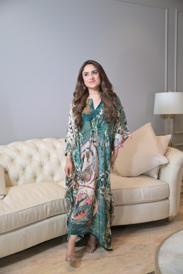 The Boozy Button Bahar Green Satin Silk Long Kaftan