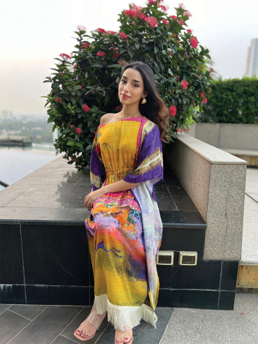 The Boozy Button Lovebird Yellow Linen Kaftan Plus Size