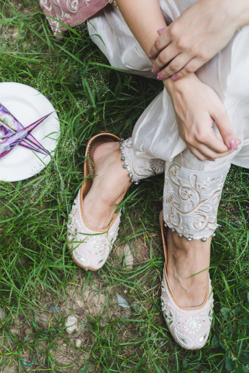 Soft Pink Leather Juttis Handcrafted in Thread, Gota & Embroidery
