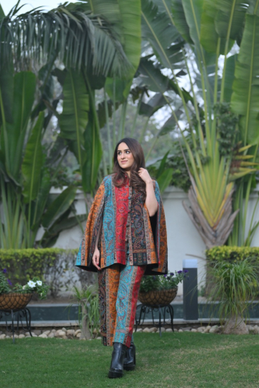 The Boozy Button Madeeha Blue Woollen Kashmiri Cape Pant Set