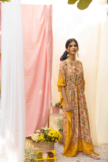 The Boozy Button Banarasi Yellow Satin Silk Long Kaftan
