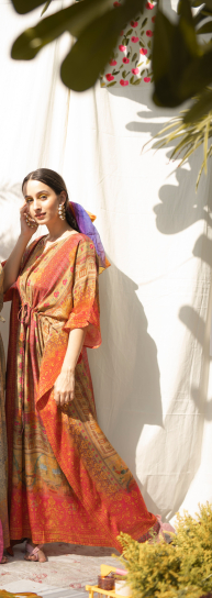 Boondi Orange Banarasi Winter Kaftan