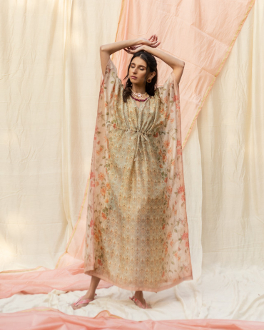Grey and Pink Printed Cotton Kaftan