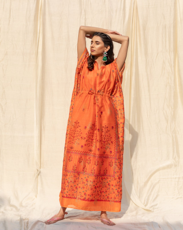 Orange Banarasi Printed Kaftan