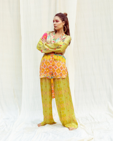 The Boozy Button Breezy Luxury Yellow Cotton Silk Robe And Pant Co Ord Set Plus Size