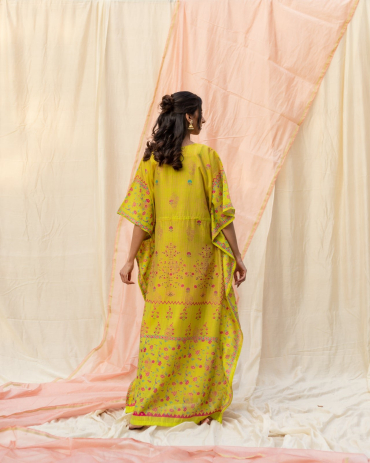 Lemon Cotton Banarasi Handcrafted Kaftan