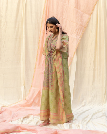Pastel Green and Pink Printed Cotton Kaftan