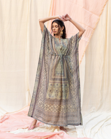 Printed Blue Cotton Kaftan with Motifs