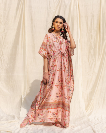 Peach Cotton Printed Kaftan With Texture