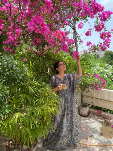 Printed Blue Cotton Kaftan with Motifs